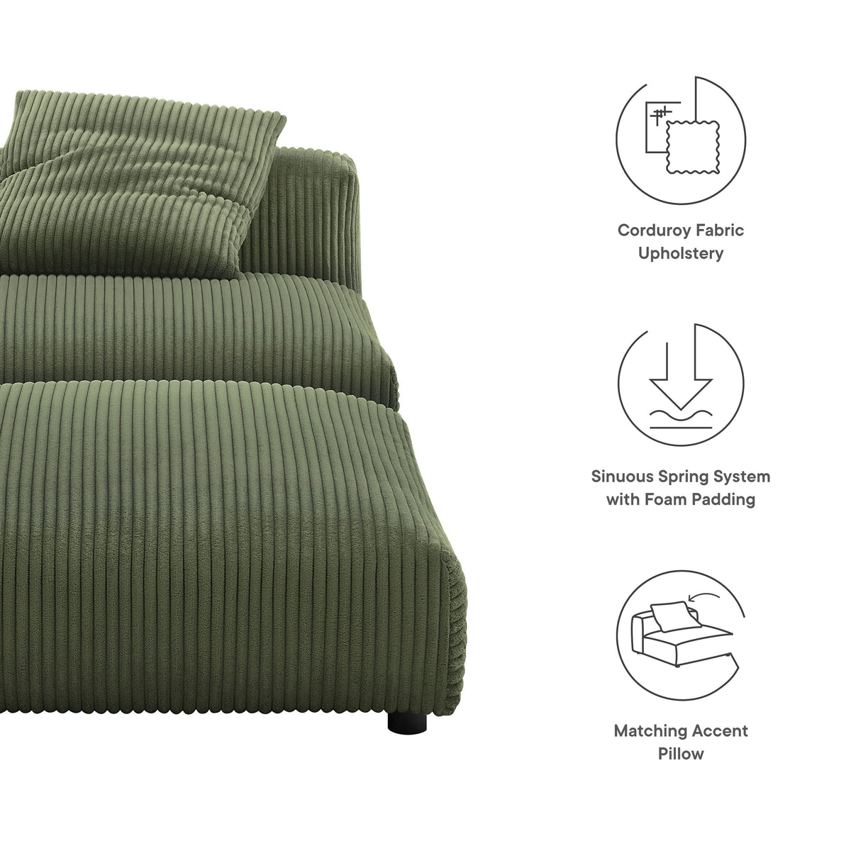 Solace modular corduroy armless chair and ottoman set in olive green fabric upholstery on Tampa Home & Garden Store