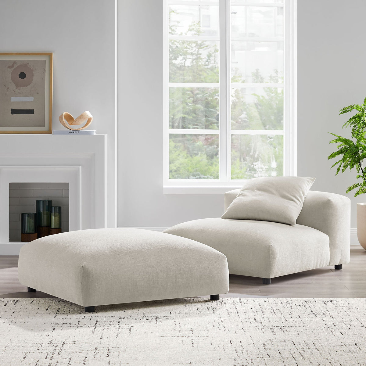 Solace modular armless chair and ottoman set in beige fabric; two round ottomans on Tampa Home & Garden Store