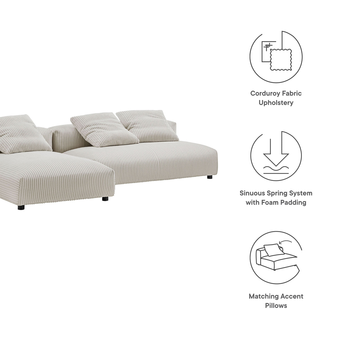 Solace 2-Piece Modular Corduroy Sectional Sofa with Chaise in beige upholstery on Tampa Home & Garden Store