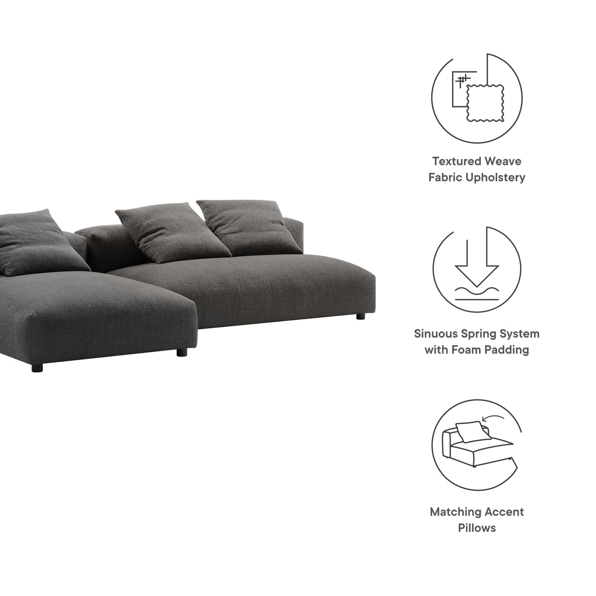 Solace 2-Piece Modular Upholstered Fabric Sectional Sofa with Chaise in charcoal gray on Tampa Home & Garden Store
