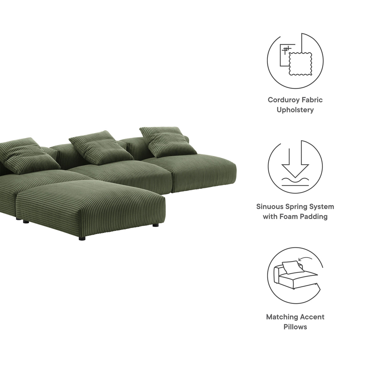 Solace 4-Piece Modular Corduroy Upholstered Sectional by HouseOfZazla in olive green on Tampa Home & Garden Store