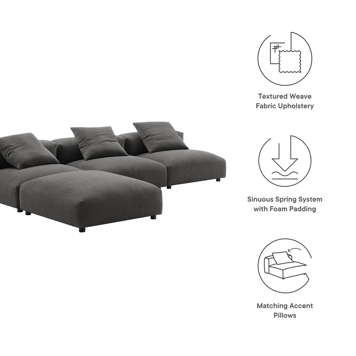 Solace 4-Piece Modular Upholstered Fabric Sectional Sofa in charcoal gray by Modway on Tampa Home & Garden Store