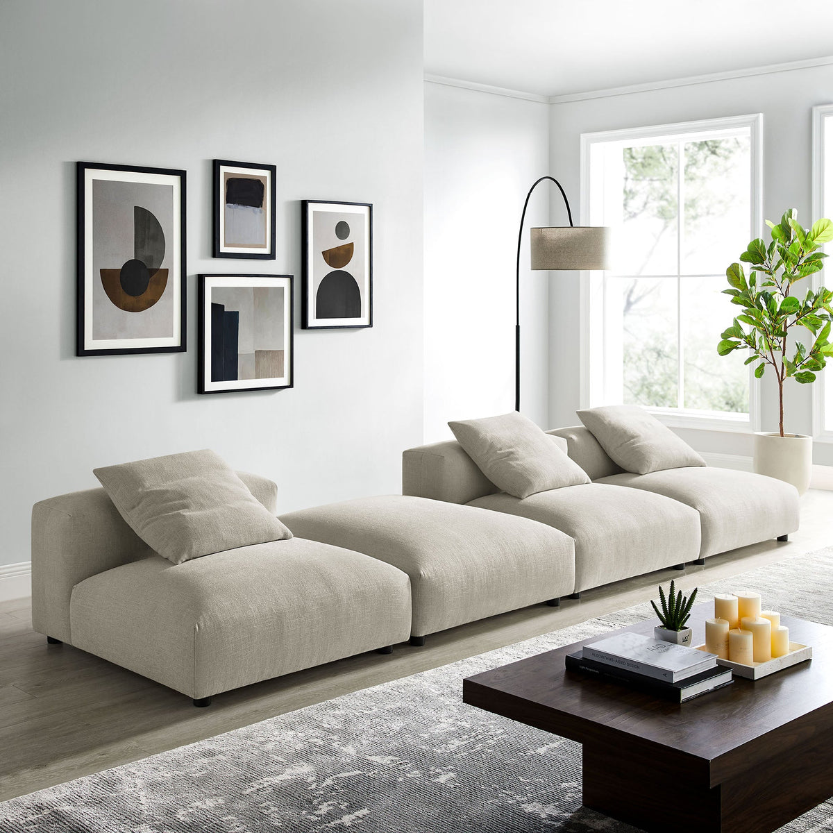 Solace 4-Piece Modular Upholstered Fabric Sectional Sofa by Modway in light beige with plush cushions on Tampa Home & Garden Store