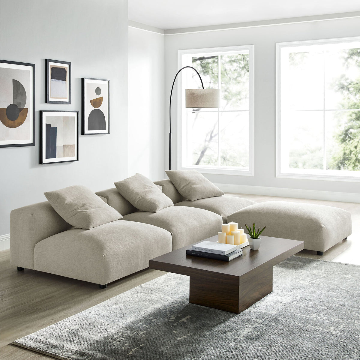 Solace 4-Piece Modular Upholstered Fabric Sectional Sofa in light taupe with plush cushions on Tampa Home & Garden Store