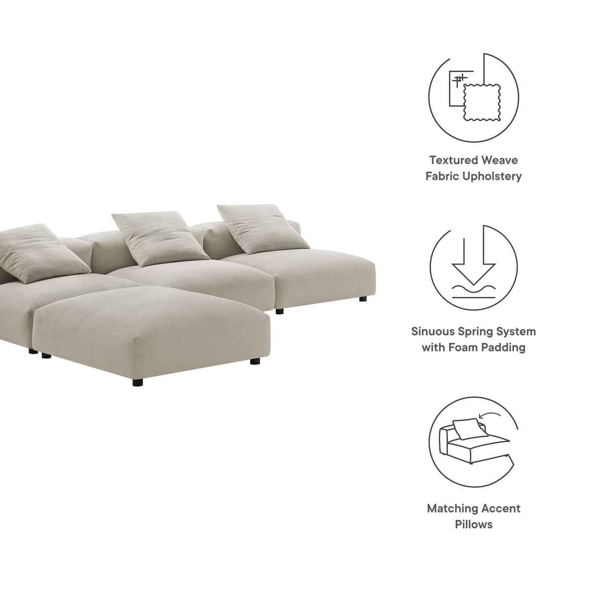 Solace 4-Piece Modular Upholstered Fabric Sectional Sofa beige fabric cushions HouseOfZazla on Tampa Home & Garden Store