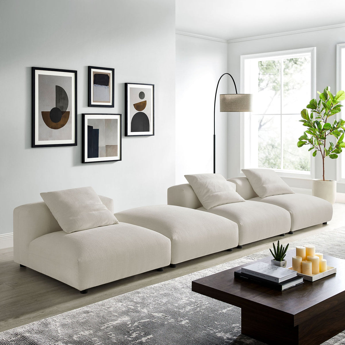 Solace 4-Piece modular upholstered fabric sectional sofa by Modway in ivory with plush cushions on Tampa Home & Garden Store