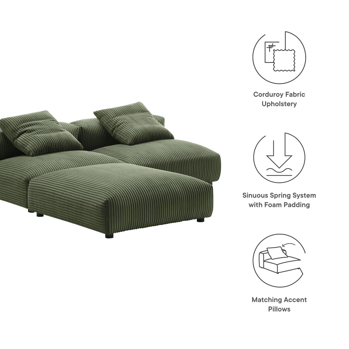 Solace 3-Piece Modular Corduroy Upholstered Sectional Sofa green by HouseOfZazla on Tampa Home & Garden Store