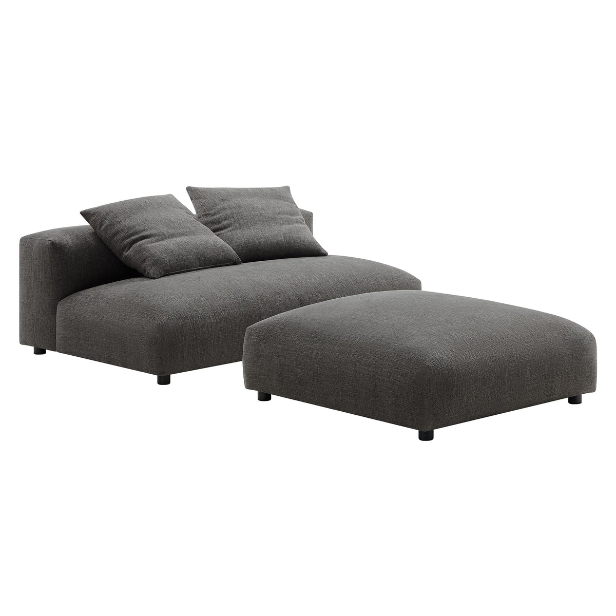 Solace modular armless loveseat and ottoman in gray textured fabric with low black legs on Tampa Home & Garden Store