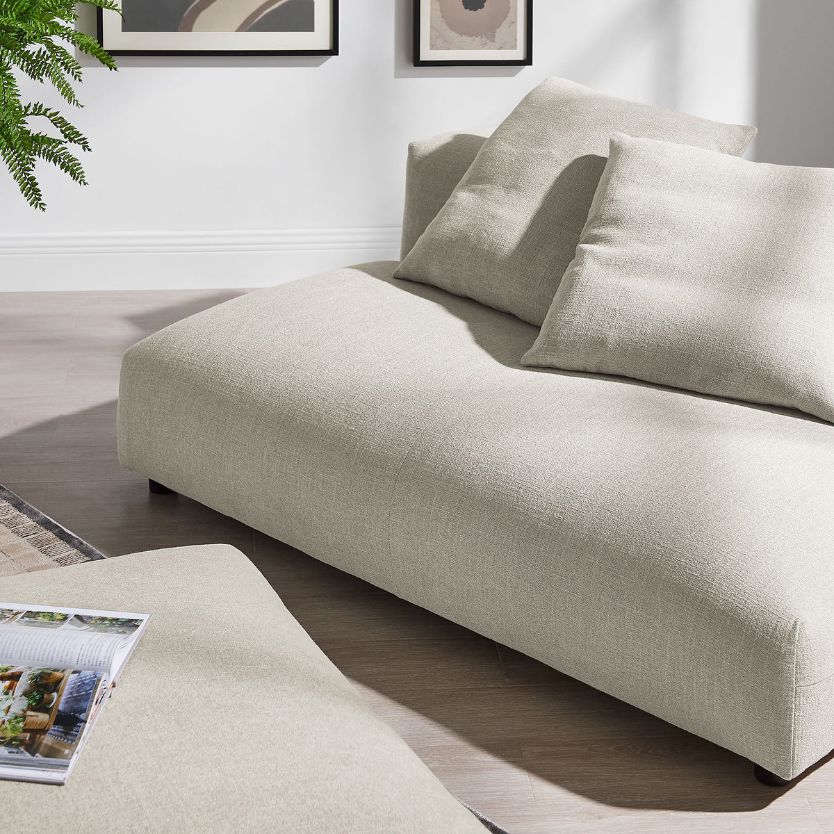 Solace modular armless loveseat and ottoman in beige textured fabric with plush cushions on Tampa Home & Garden Store