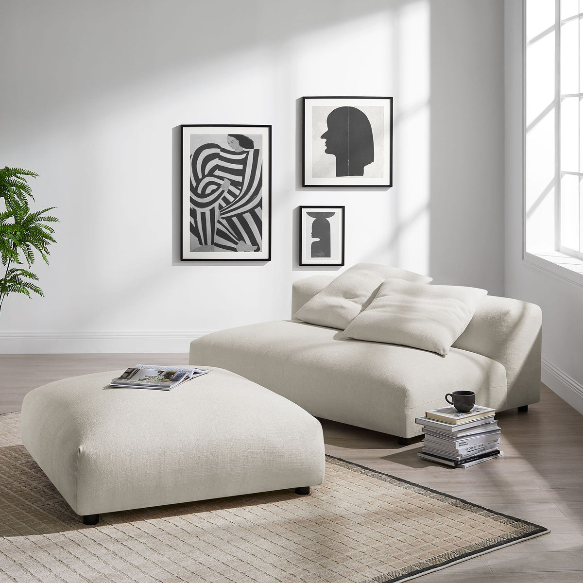 Solace modular armless loveseat and ottoman in beige fabric with rounded edges by Modway on Tampa Home & Garden Store