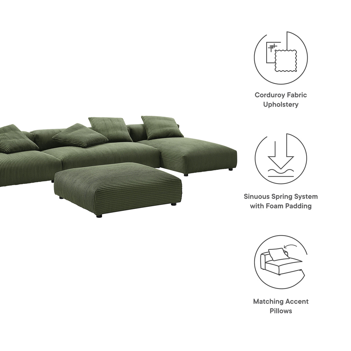 Solace 4-Piece Modular Corduroy Sectional Sofa With Ottoman in olive green HouseOfZazla on Tampa Home & Garden Store