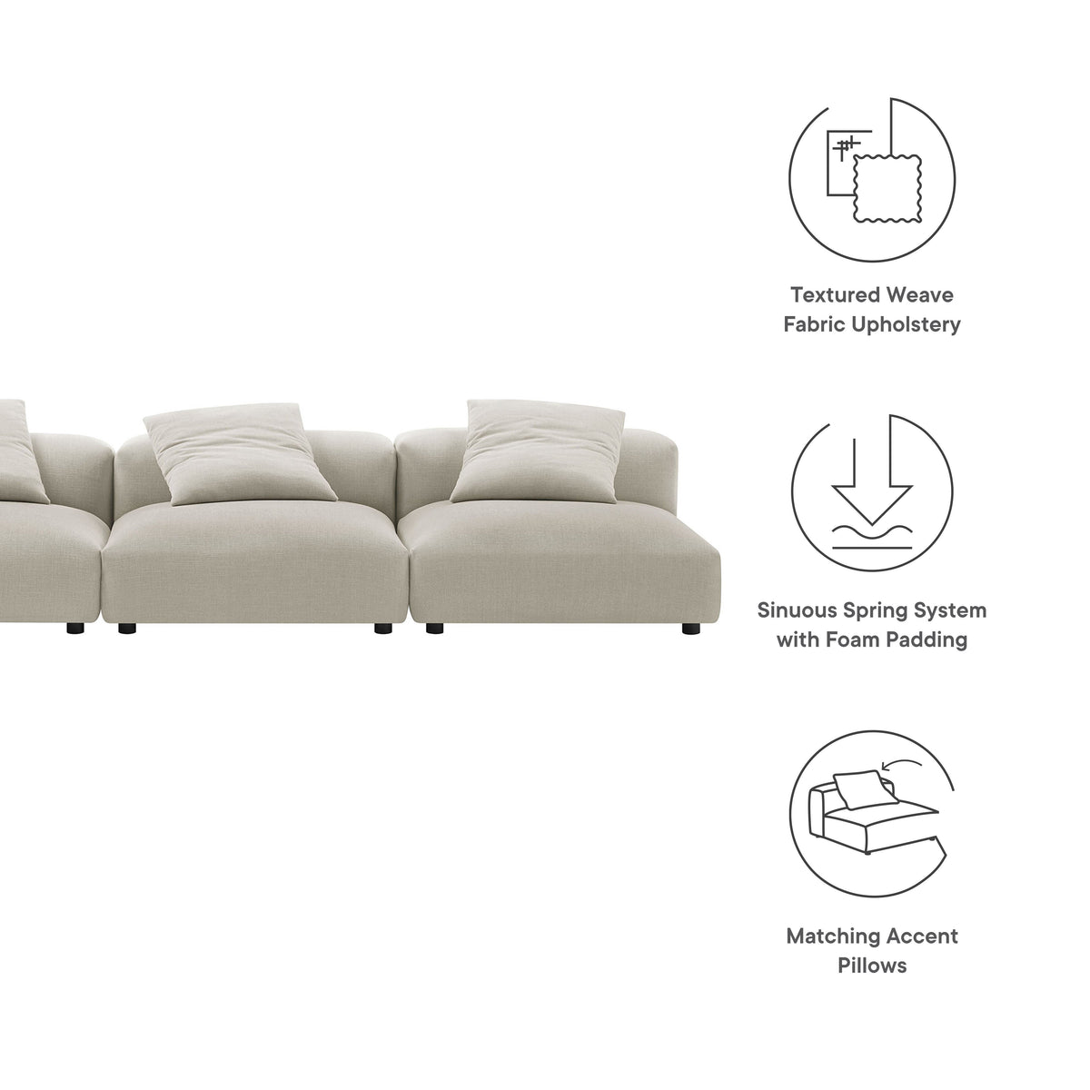 Solace 3-Piece Modular Upholstered Fabric Sofa in beige textured weave by Modway on Tampa Home & Garden Store