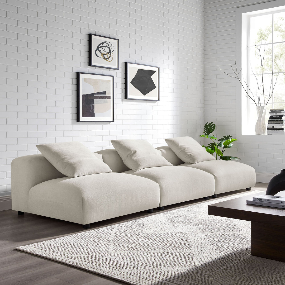 Solace 3-Piece Modular Upholstered Fabric Sofa by Modway in cream fabric with plush cushions on Tampa Home & Garden Store