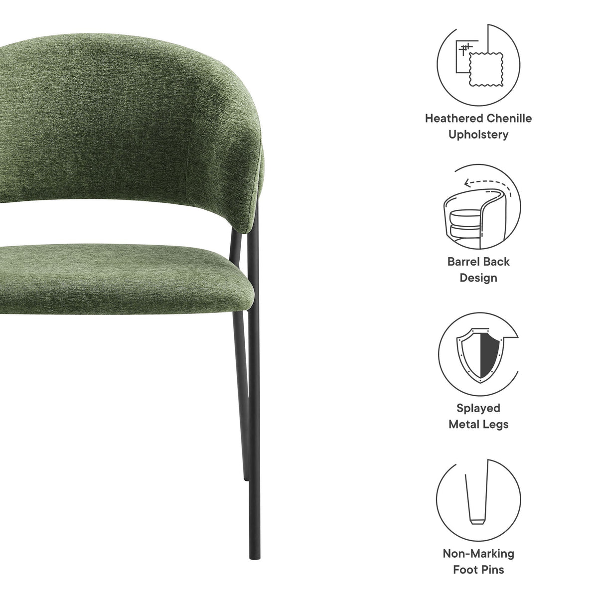 Nella upholstered dining chairs heathered green chenille with barrel back and metal legs on Tampa Home & Garden Store