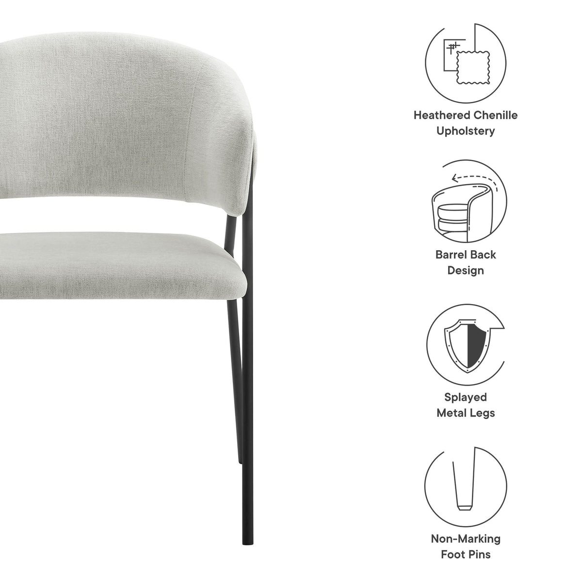 Nella upholstered dining chair pair in heathered chenille barrel-back with dark metal legs on Tampa Home & Garden Store