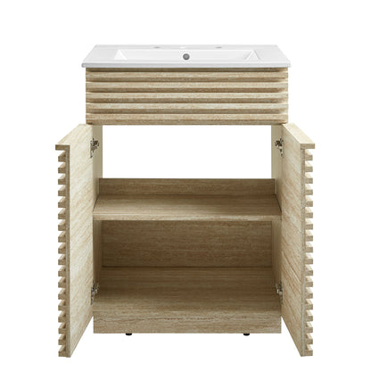 Render 24in faux travertine vanity with sink, white top, slatted wood base, HouseOfZazla on Tampa Home & Garden Store