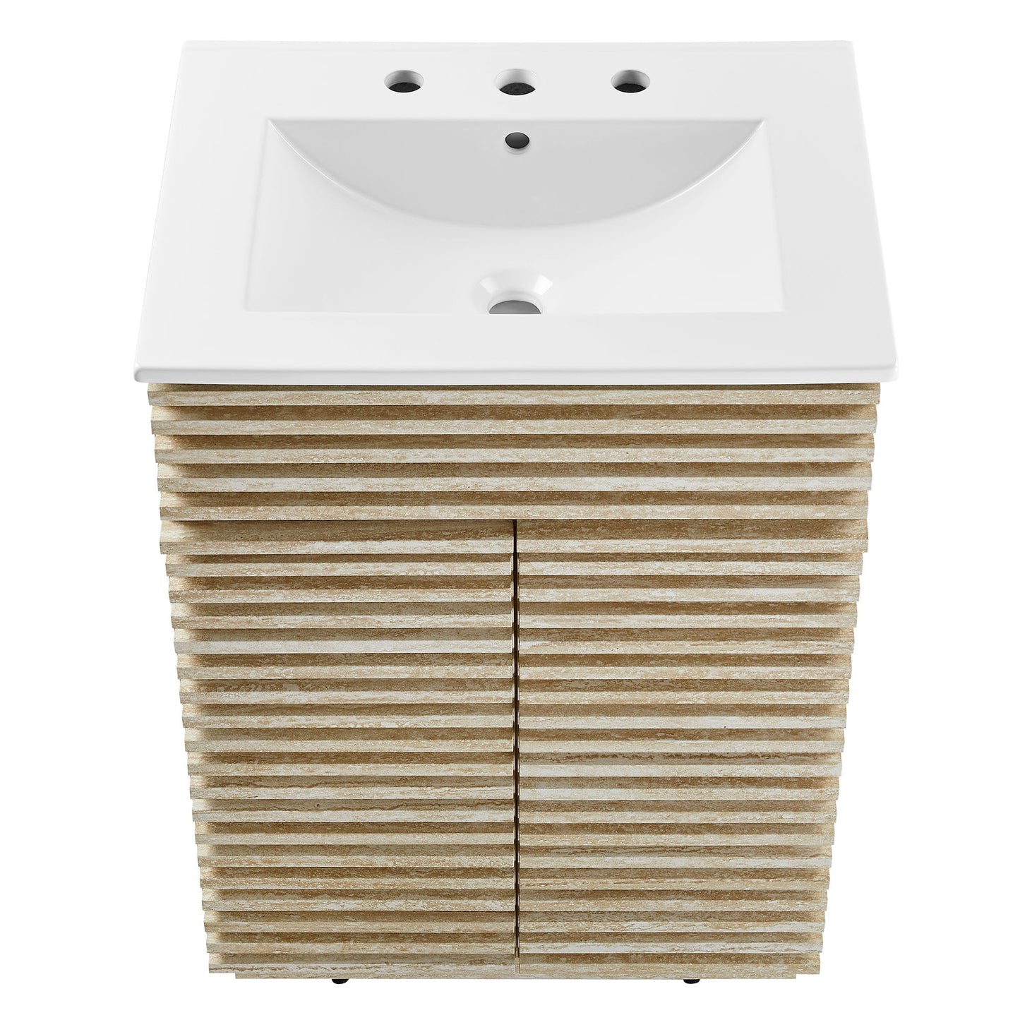 Render 24in faux travertine bath vanity with sink, white top, wood slat base on Tampa Home & Garden Store