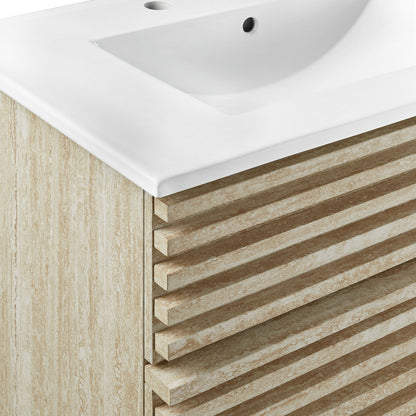 Render 30in bathroom vanity with sink, white basin on beige countertop, wood cabinet drawers on Tampa Home & Garden Store