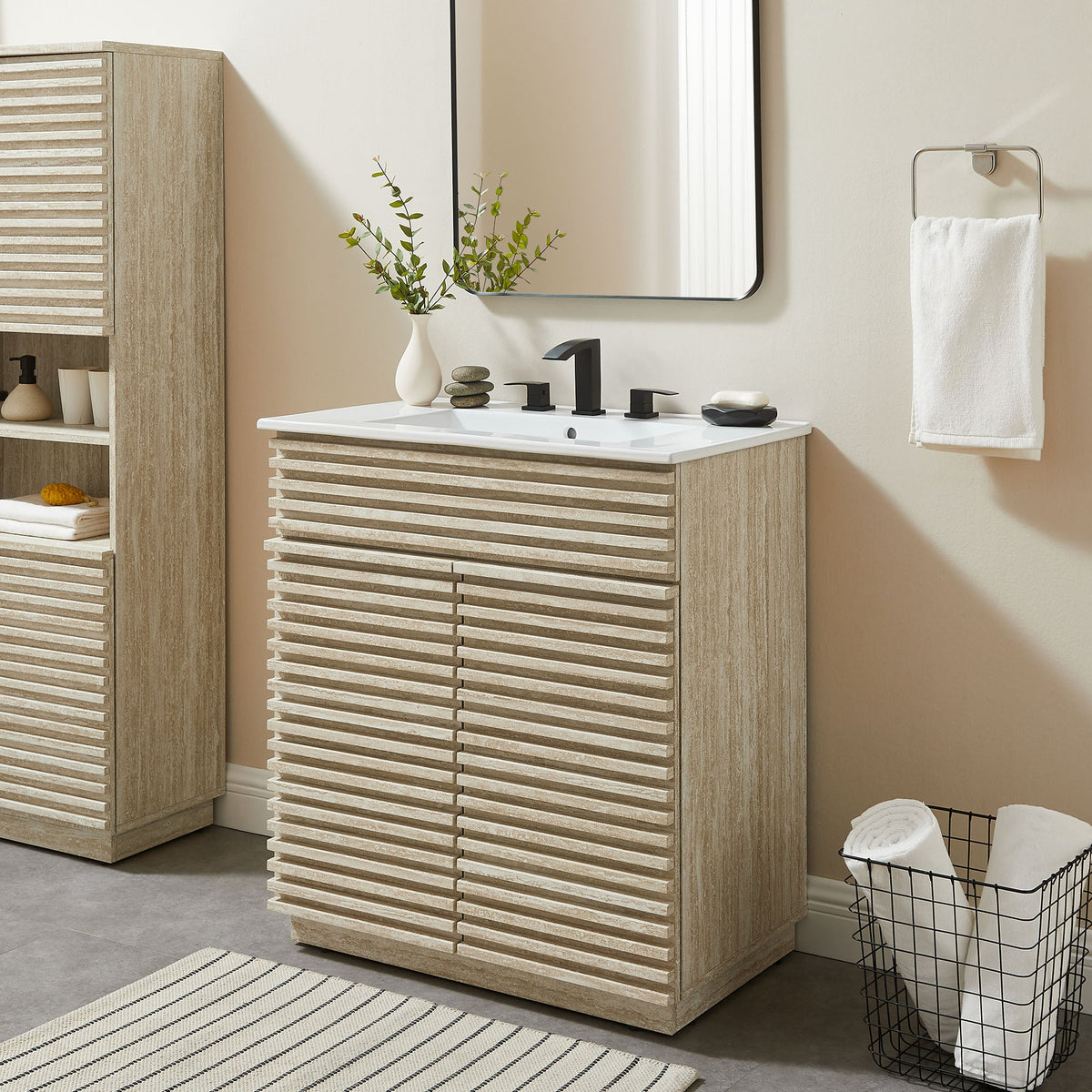 Render 30in bathroom vanity with sink by Modway in light wood finish, black faucet on Tampa Home & Garden Store