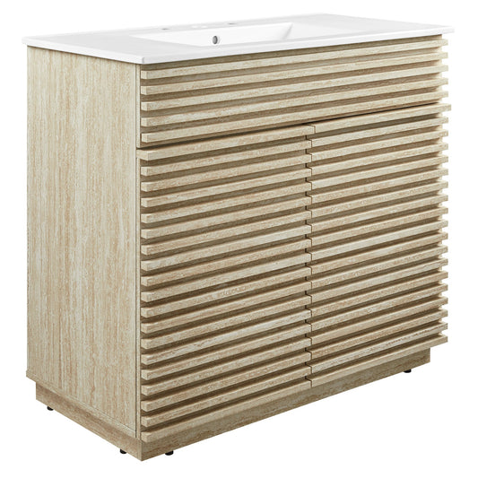 36in bathroom vanity with faux travertine finish and white sink top, slatted beige cabinet on Tampa Home & Garden Store