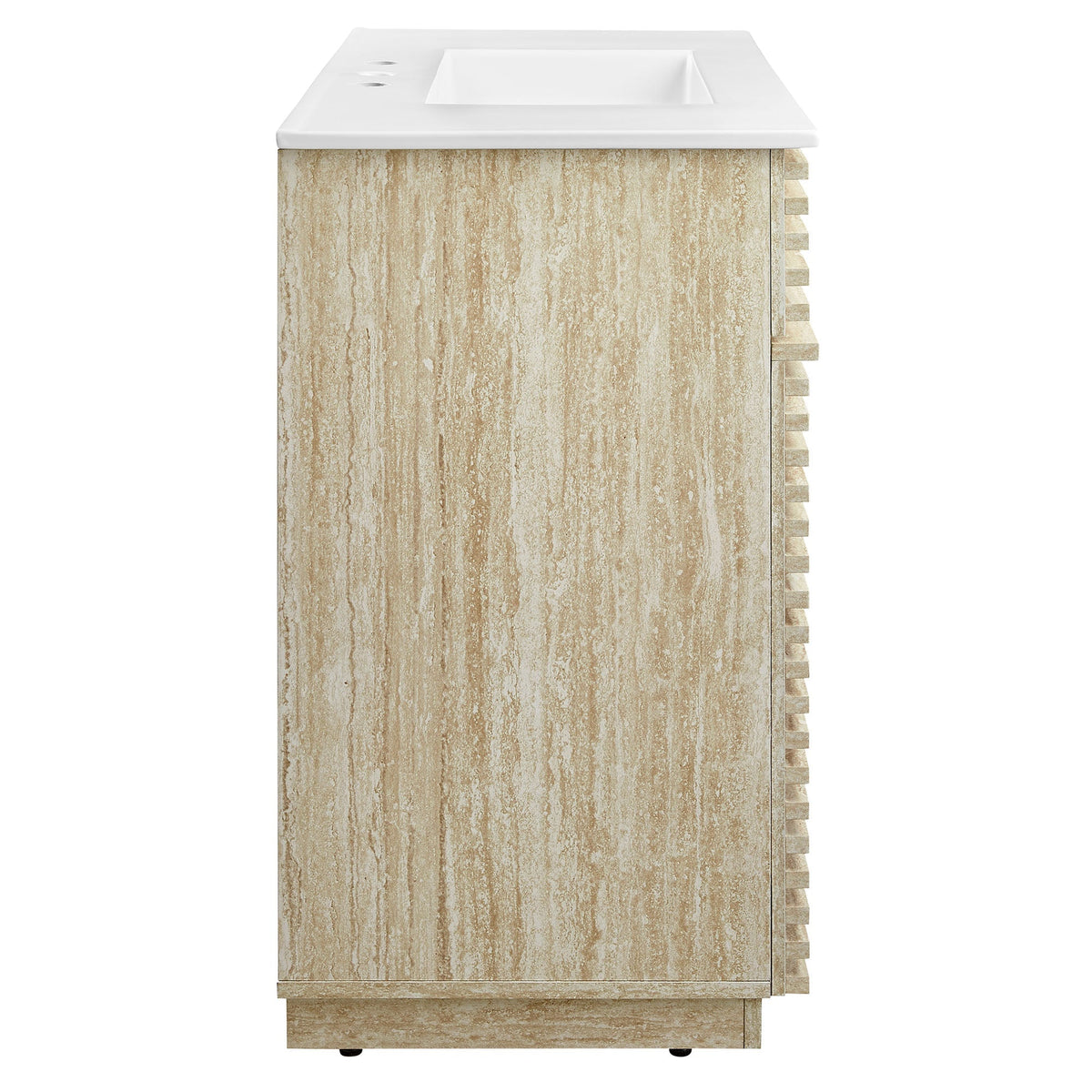 36in faux travertine bathroom vanity with white countertop and built-in sink, faucet holes on Tampa Home & Garden Store