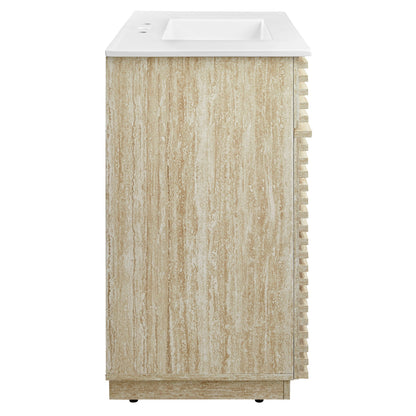 36in faux travertine bathroom vanity with white countertop and built-in sink, faucet holes on Tampa Home & Garden Store
