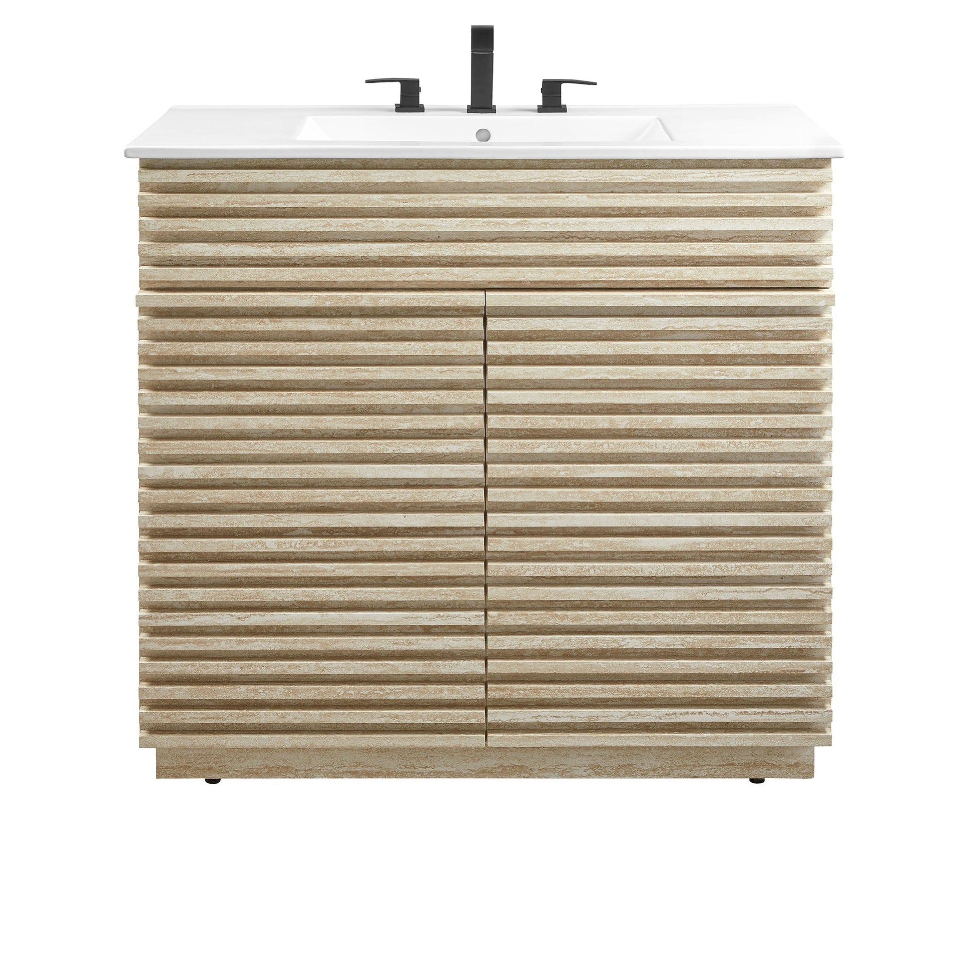 36-inch faux travertine bathroom vanity with white sink and black faucet, slatted stone cabinet on Tampa Home & Garden Store