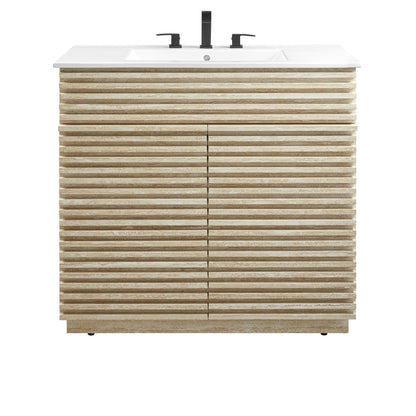 36-inch faux travertine bathroom vanity with white sink and black faucet, slatted stone cabinet on Tampa Home & Garden Store