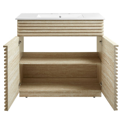 Render 36in faux travertine bathroom vanity with white sink, slat cabinet by Modway on Tampa Home & Garden Store