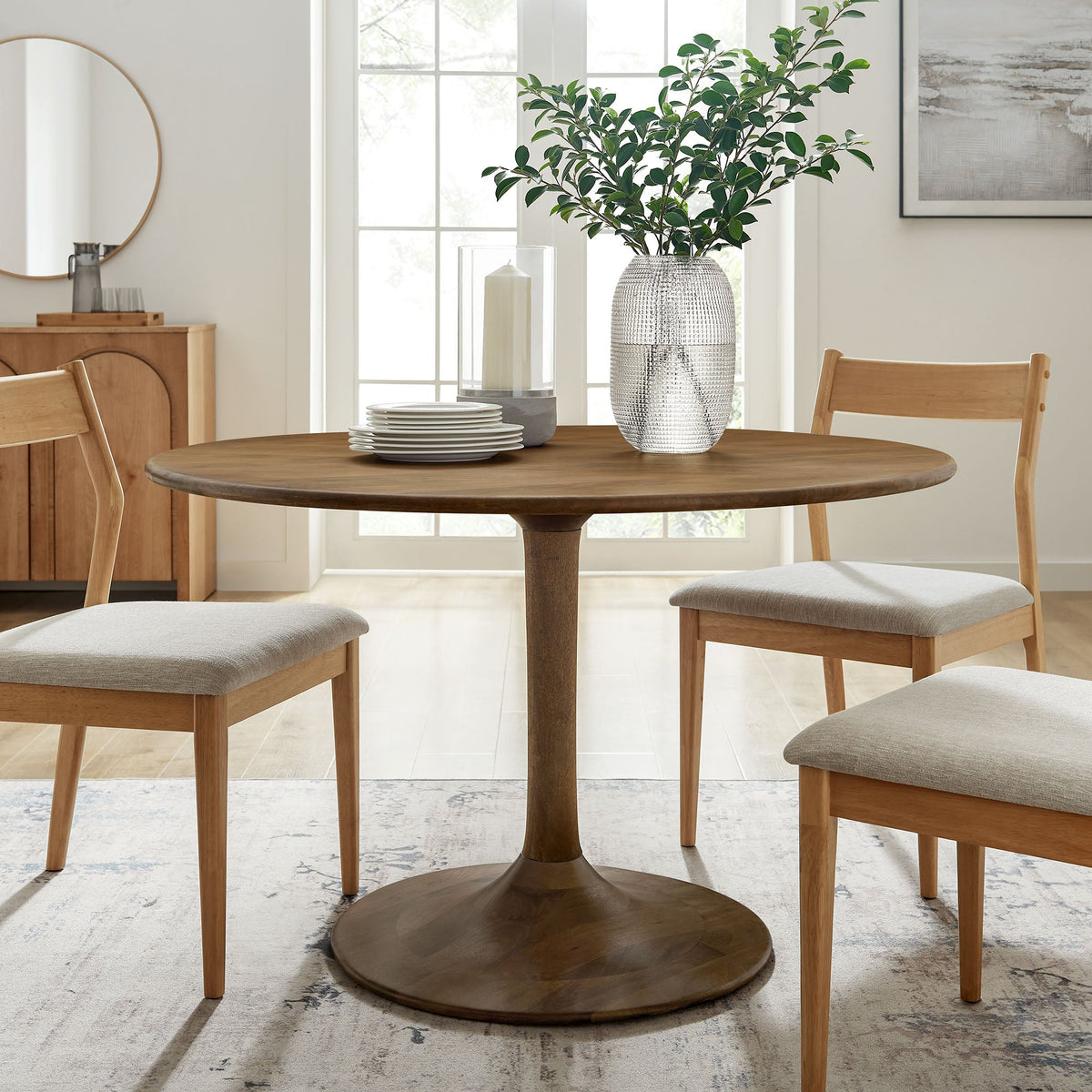 Lippa 48in round solid wood dining table by Modway in natural finish with greenery on Tampa Home & Garden Store