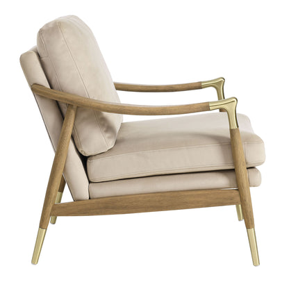 Langford performance velvet accent armchair beige upholstery with wooden arms brass accents on Tampa Home & Garden Store