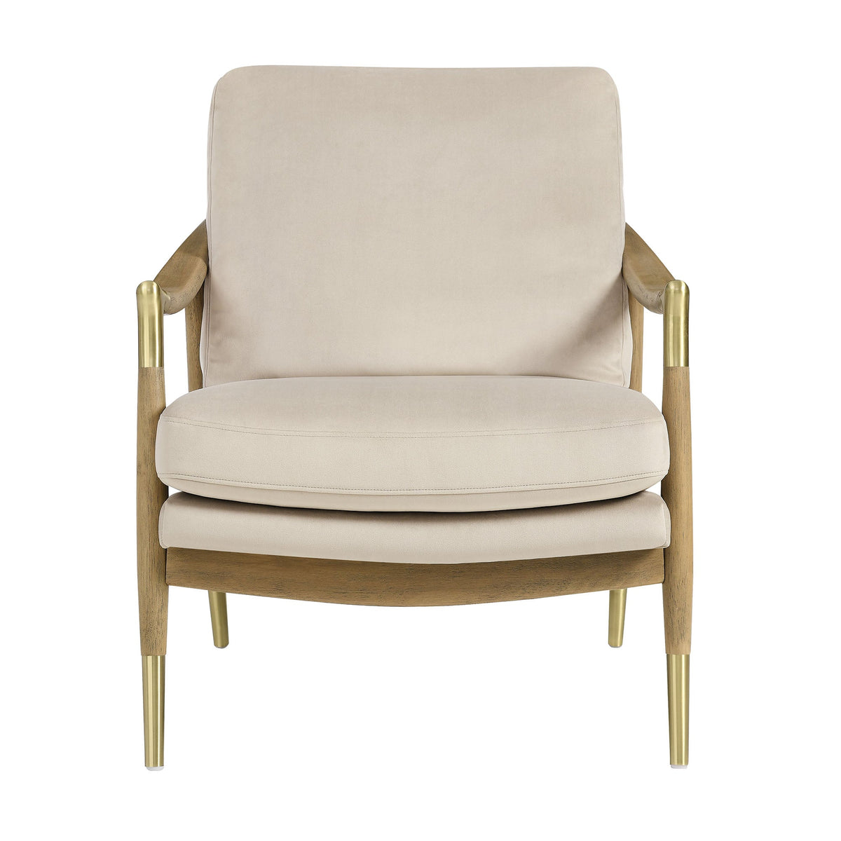 Langford Performance Velvet Armchair beige velvet upholstery with wood arms and brass-tipped legs on Tampa Home & Garden Store
