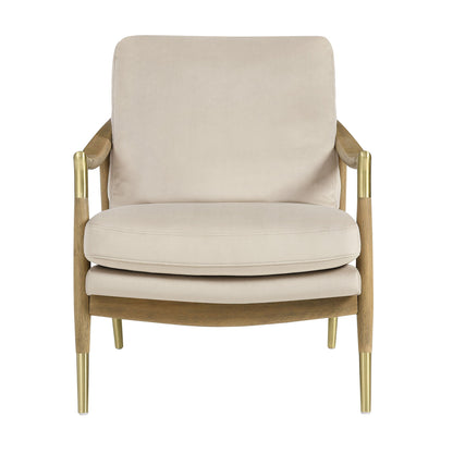 Langford Performance Velvet Armchair beige velvet upholstery with wood arms and brass-tipped legs on Tampa Home & Garden Store
