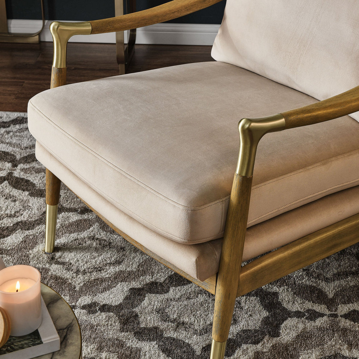 Langford Velvet Accent Armchair by Modway, beige velvet with gold-tone metal arms and wood legs on Tampa Home & Garden Store
