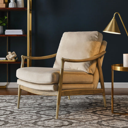 Langford Performance Velvet Accent Armchair in beige velvet with wooden arms and brass legs on Tampa Home & Garden Store