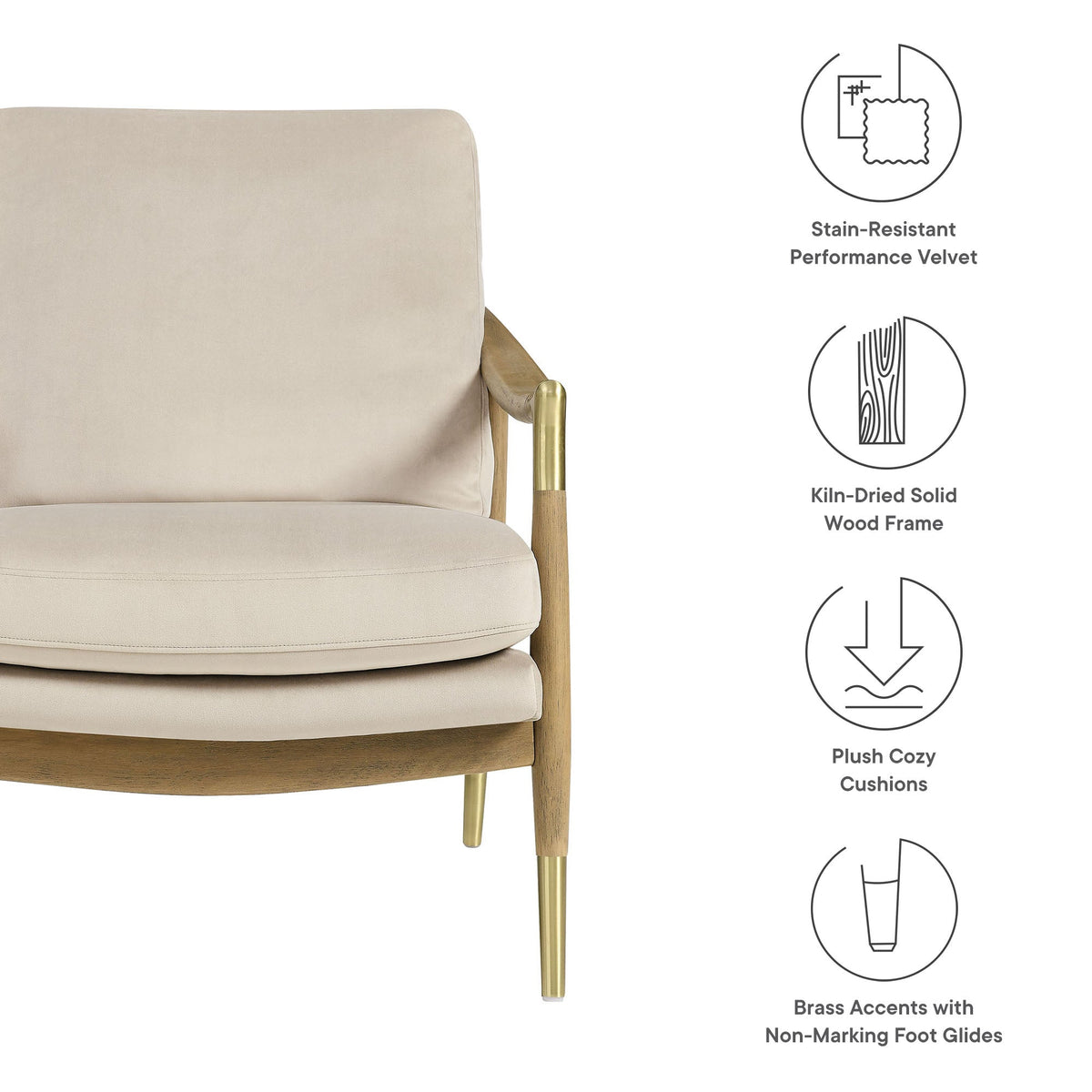 Langford Performance Velvet Accent Armchair beige velvet with wood frame brass legs by Modway on Tampa Home & Garden Store
