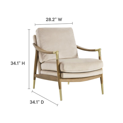 Langford performance velvet accent armchair beige with wood arms and brass-tipped legs on Tampa Home & Garden Store