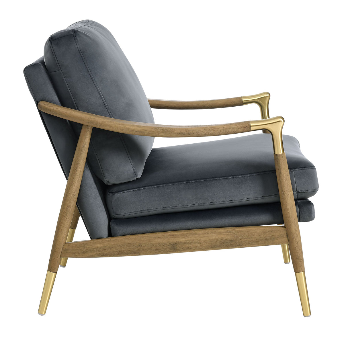 Langford velvet accent armchair with blue-gray upholstery, wood arms, brass tips on Tampa Home & Garden Store