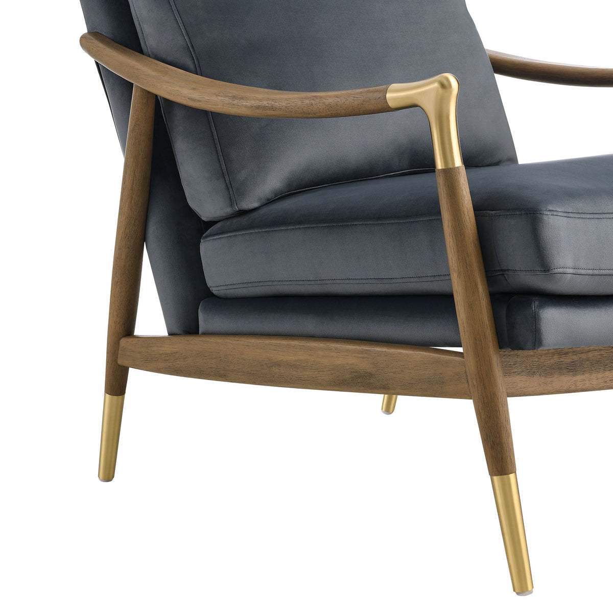 Langford Performance Velvet Accent Armchair with dark blue velvet, wood frame and brass accents on Tampa Home & Garden Store