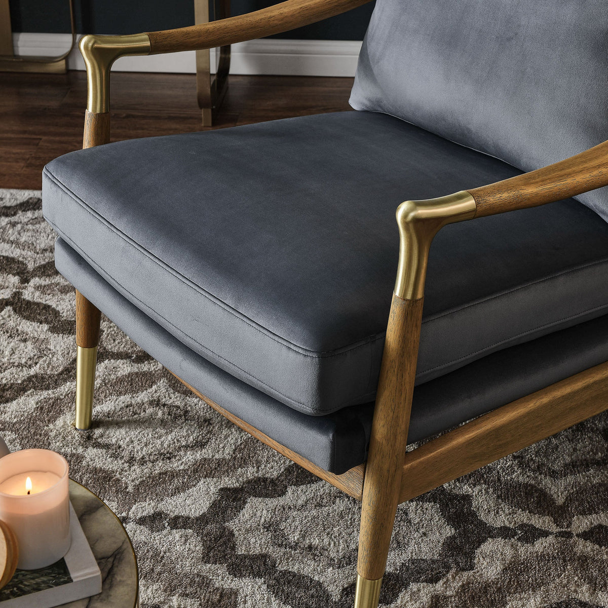 Langford performance velvet accent armchair with blue-gray upholstery, wood frame, brass arm accents on Tampa Home & Garden Store