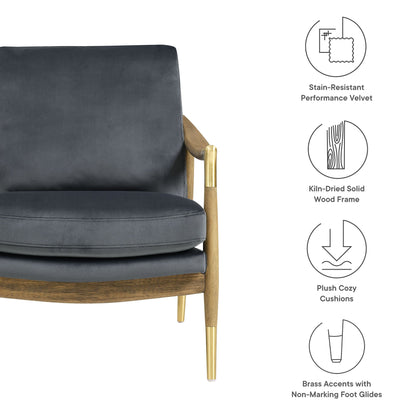 Langford Performance Velvet Accent Armchair in dark navy velvet with wood and brass accents on Tampa Home & Garden Store