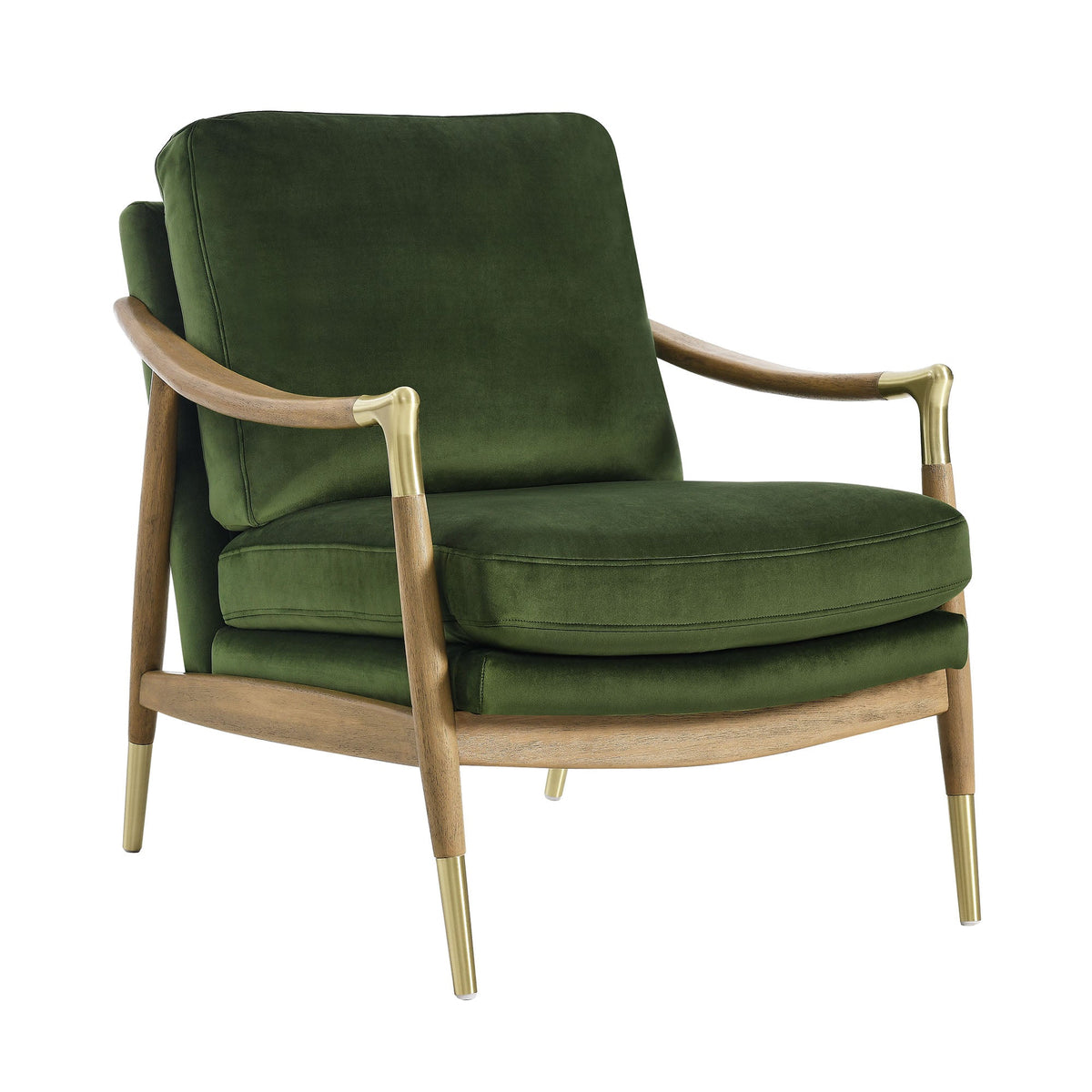 Langford Velvet Accent Armchair in green velvet with wood frame and brass-tipped legs on Tampa Home & Garden Store