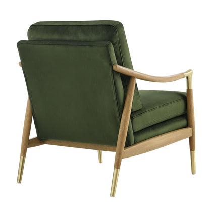 Langford performance velvet accent armchair in green with wood frame and brass-tipped legs on Tampa Home & Garden Store