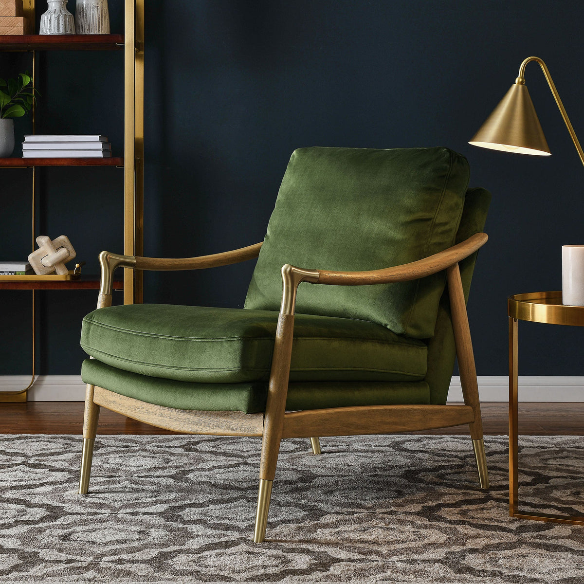 Langford Performance Velvet Armchair in green velvet with wood frame and brass legs on Tampa Home & Garden Store