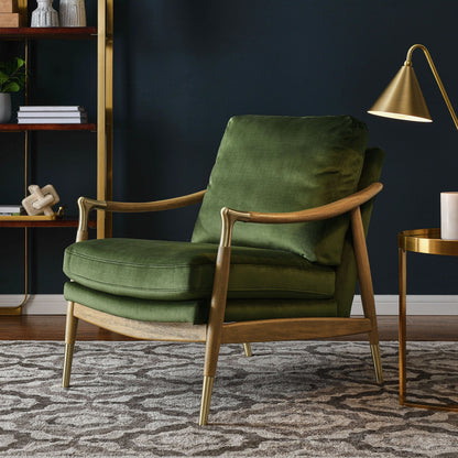 Langford Performance Velvet Armchair in green velvet with wood frame and brass legs on Tampa Home & Garden Store