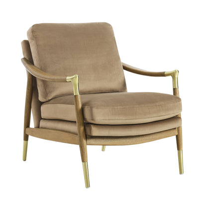 Langford Performance Velvet Accent Armchair by Modway, beige velvet, curved wood arms, brass-tone tips on Tampa Home & Garden Store