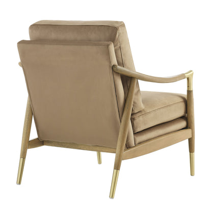 Langford Performance Velvet Accent Armchair beige velvet with wood arms and brass-tipped legs on Tampa Home & Garden Store