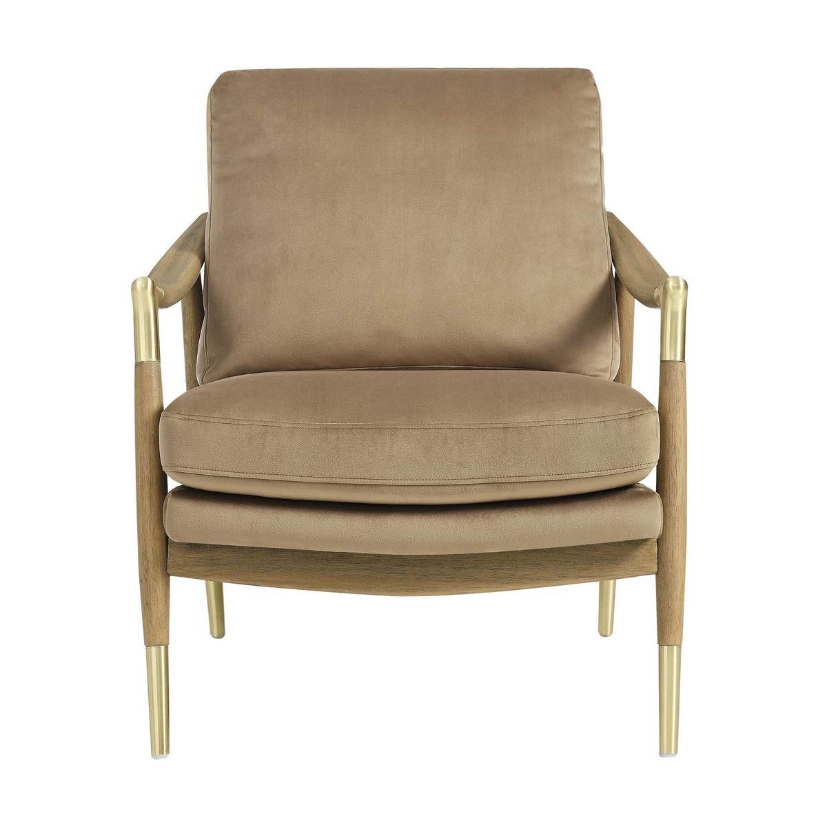 Langford velvet accent armchair in taupe with wooden arms and brass-tipped legs on Tampa Home & Garden Store