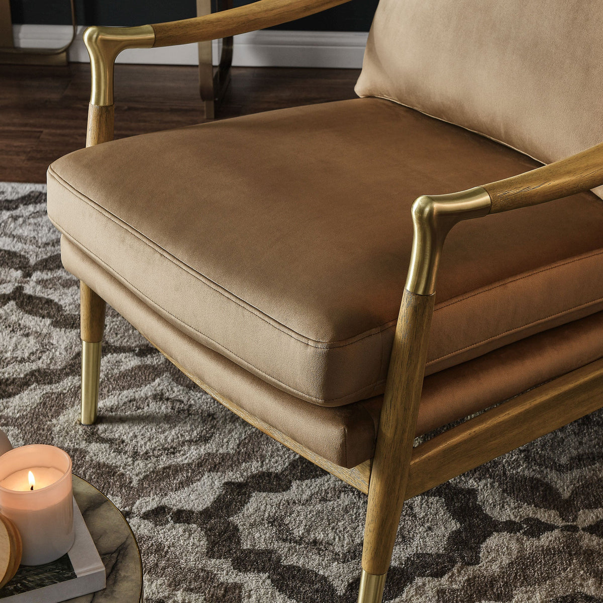 Langford Performance Velvet Accent Armchair by Modway with tan velvet upholstery and brass arms on Tampa Home & Garden Store
