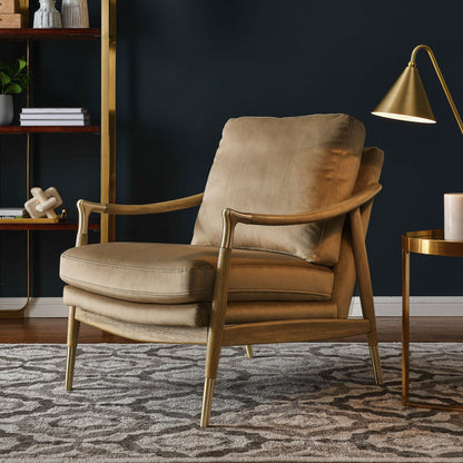 Langford Performance Velvet Accent Armchair in tan velvet with wood frame and brass accents on Tampa Home & Garden Store